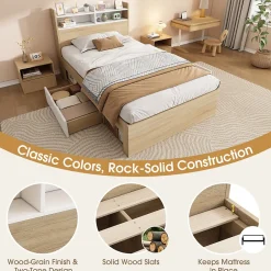 Okwish Lit Simple 90x190 cm - 2 Tiroirs et Étagères, Tête de Lit avec Rangement, en Bois Partiel Massif - Sans Matelas - Blanc