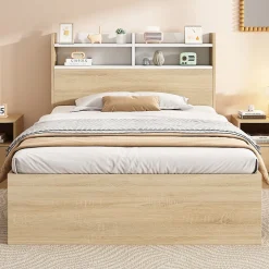 Okwish Lit Simple 90x190 cm - 2 Tiroirs et Étagères, Tête de Lit avec Rangement, en Bois Partiel Massif - Sans Matelas - Blanc