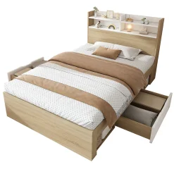 Okwish Lit Simple 90x190 cm - 2 Tiroirs et Étagères, Tête de Lit avec Rangement, en Bois Partiel Massif - Sans Matelas - Blanc
