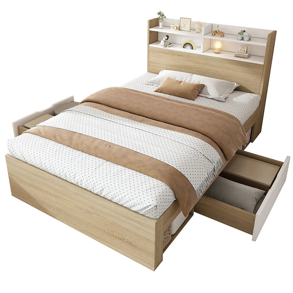 Okwish Lit Simple 90x190 cm - 2 Tiroirs et Étagères, Tête de Lit avec Rangement, en Bois Partiel Massif - Sans Matelas - Blanc