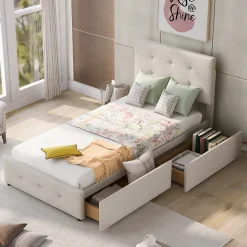 Okwish Lit Simple 90x200 cm - avec 2 Tiroirs Pratiques, Tissu Velours Doux, Sans Matelas, Beige