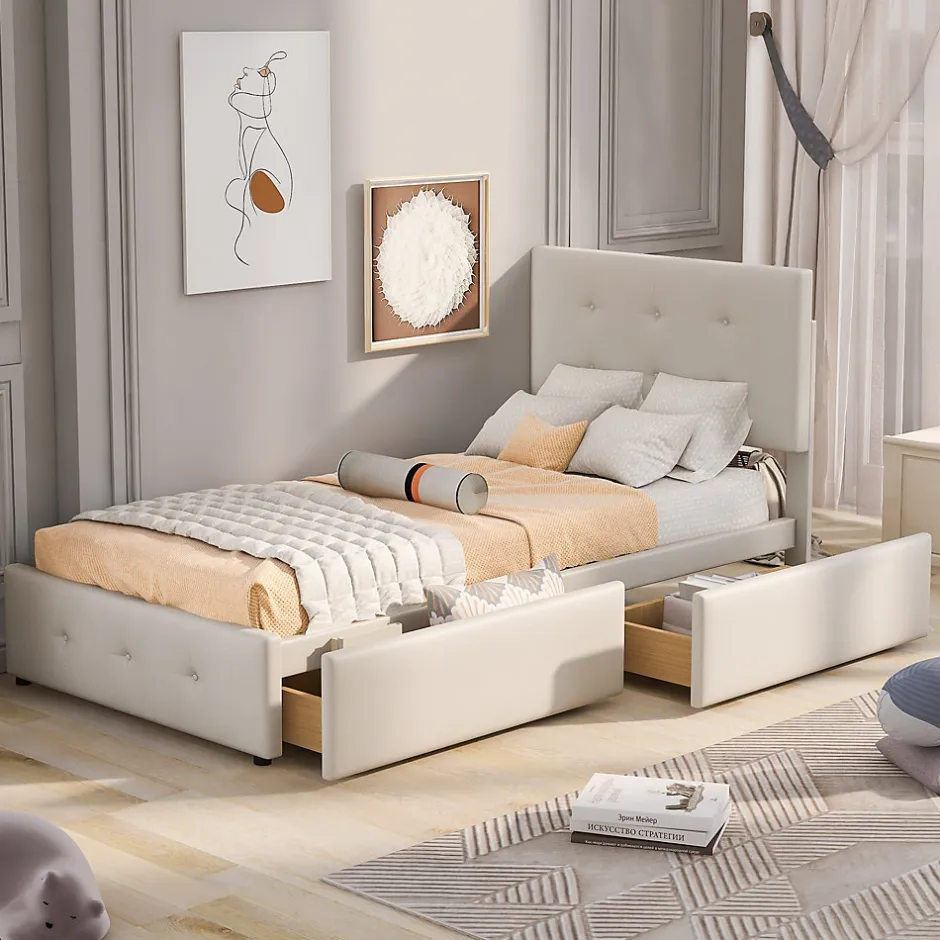 Okwish Lit Simple 90x200 cm - avec 2 Tiroirs Pratiques, Tissu Velours Doux, Sans Matelas, Beige