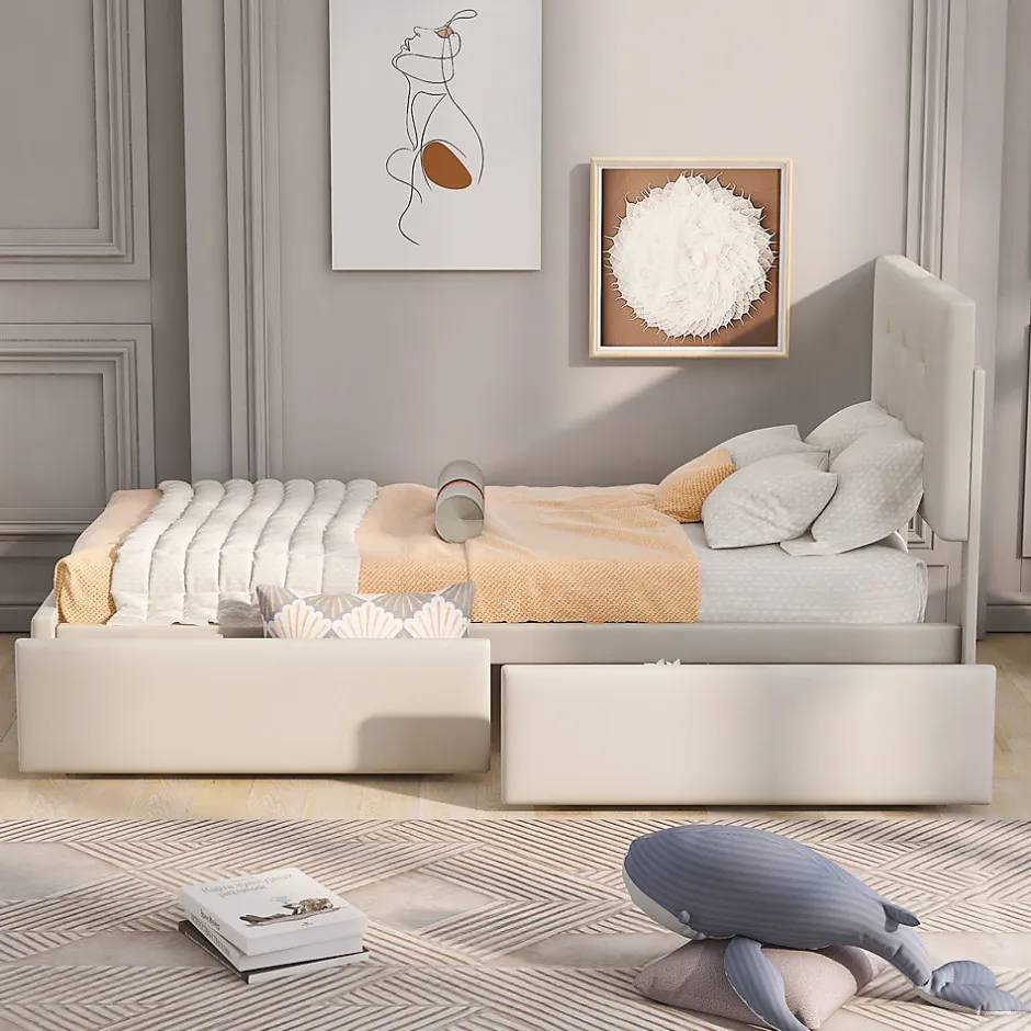 Okwish Lit Simple 90x200 cm - avec 2 Tiroirs Pratiques, Tissu Velours Doux, Sans Matelas, Beige