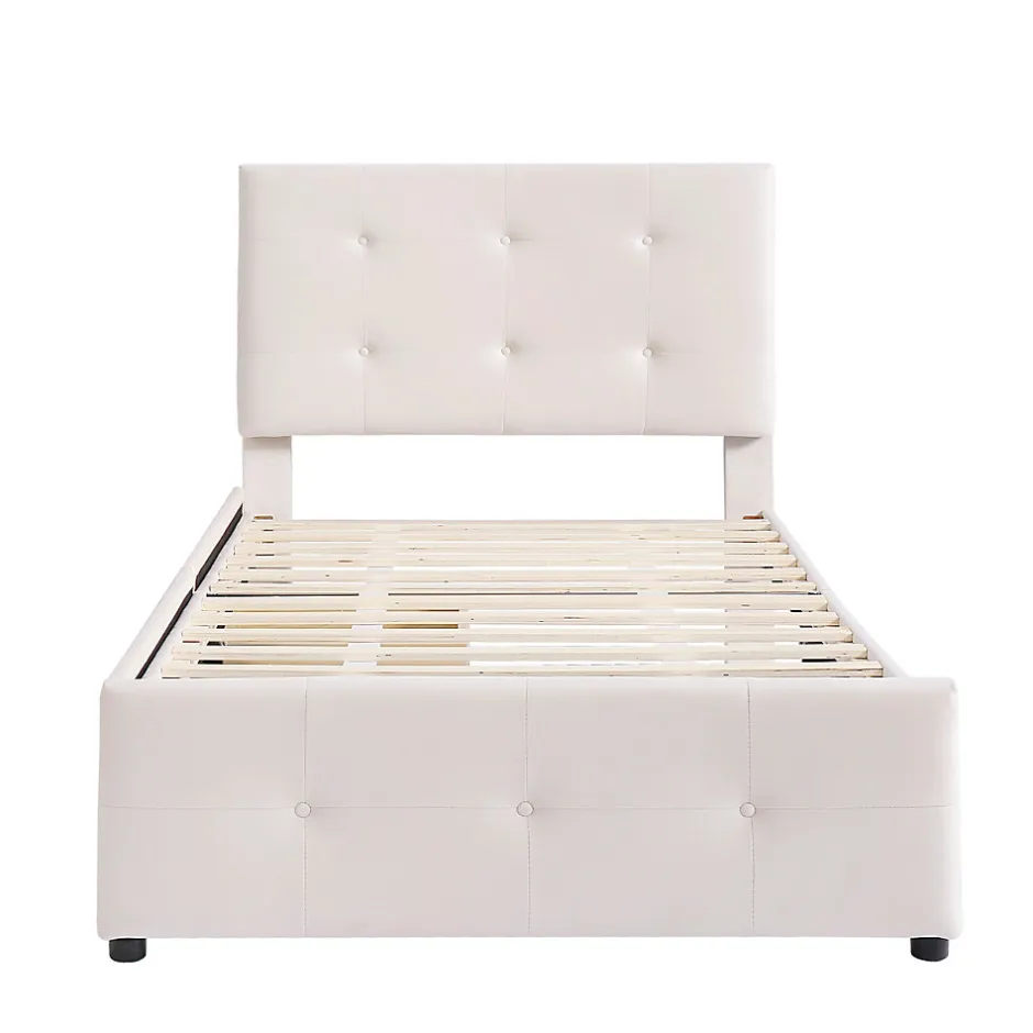 Okwish Lit Simple 90x200 cm - avec 2 Tiroirs Pratiques, Tissu Velours Doux, Sans Matelas, Beige