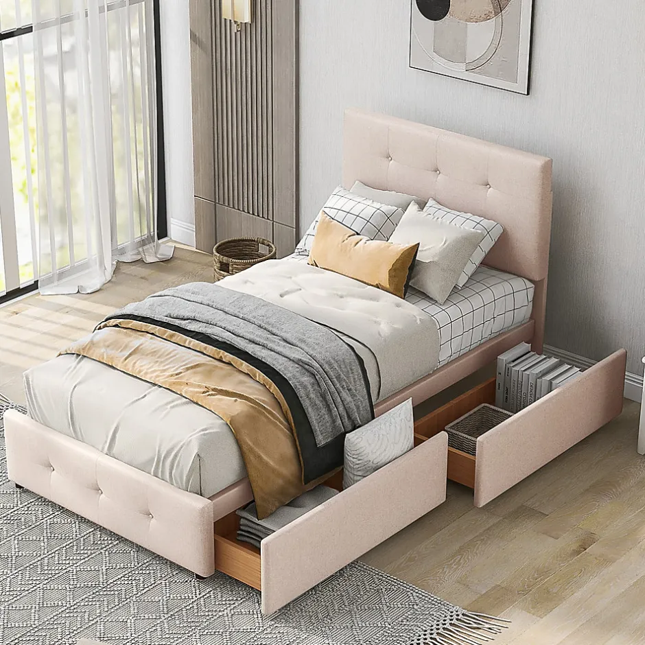 Enfant Okwish Lit Simple 90x200 cm - avec 2 Tiroirs, Sans Matelas, Lit Confortable en Velours Doux pour enfant ou Adulte, Rose