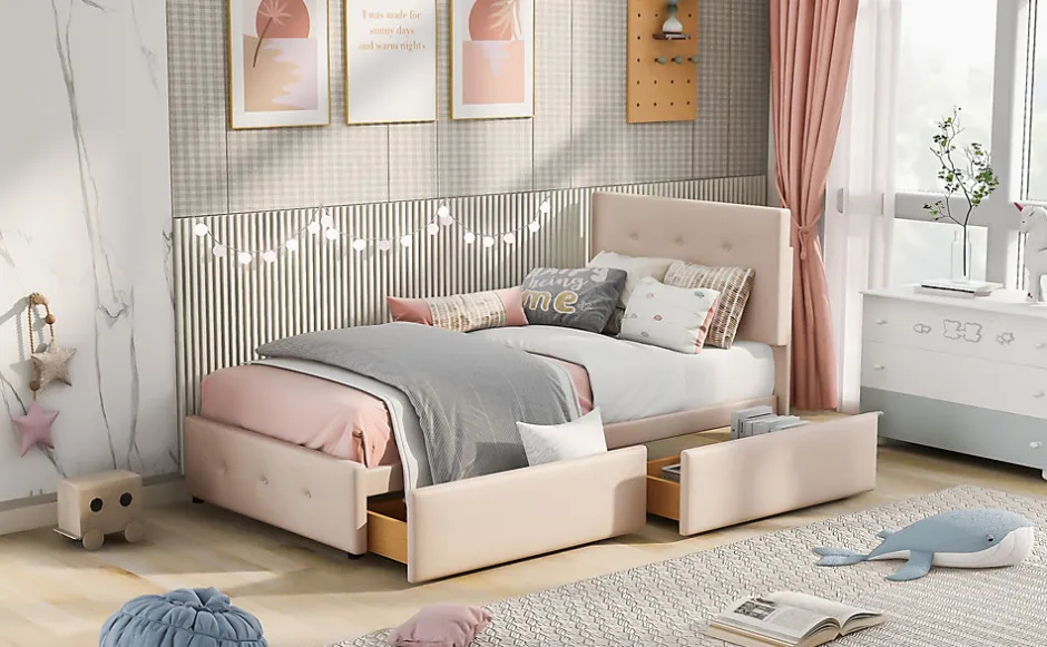 Enfant Okwish Lit Simple 90x200 cm - avec 2 Tiroirs, Sans Matelas, Lit Confortable en Velours Doux pour enfant ou Adulte, Rose