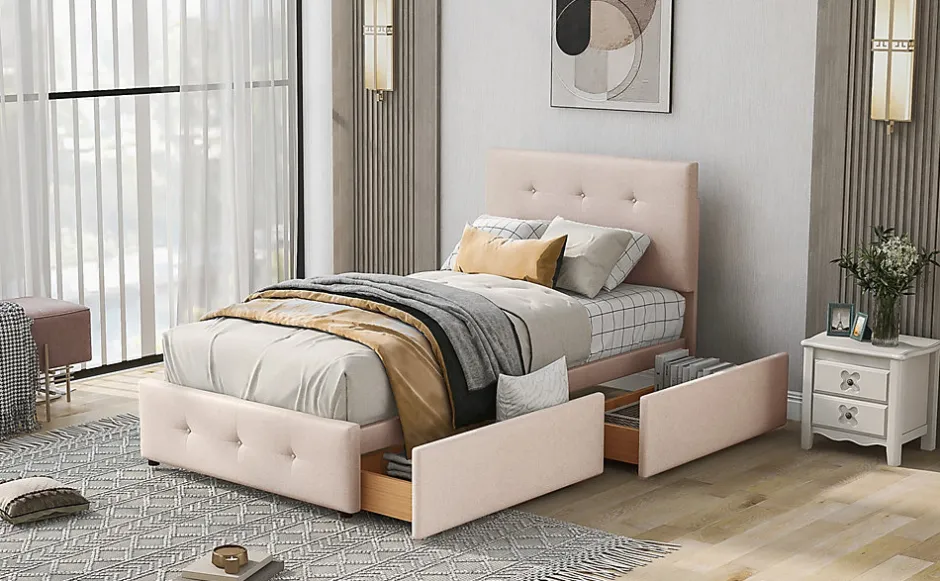 Enfant Okwish Lit Simple 90x200 cm - avec 2 Tiroirs, Sans Matelas, Lit Confortable en Velours Doux pour enfant ou Adulte, Rose