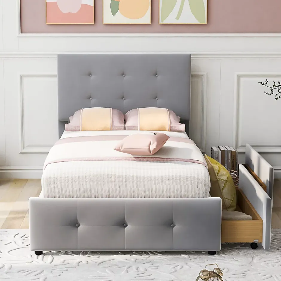 Okwish Lit Simple 90x200 cm - avec 2 Tiroirs Pratique, Sans Matelas, Lit Confortable en Velours Gris Sale