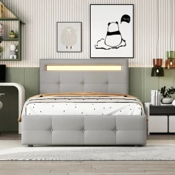 Okwish Lit Simple 90x200 cm - avec 2 Tiroirs et Éclairage LED, Lit Confortable en Lin Gris, Rangement Sous Le Lit, Sans Matelas New