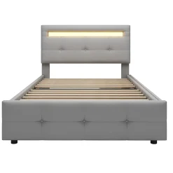 Okwish Lit Simple 90x200 cm - avec 2 Tiroirs et Éclairage LED, Lit Confortable en Lin Gris, Rangement Sous Le Lit, Sans Matelas New