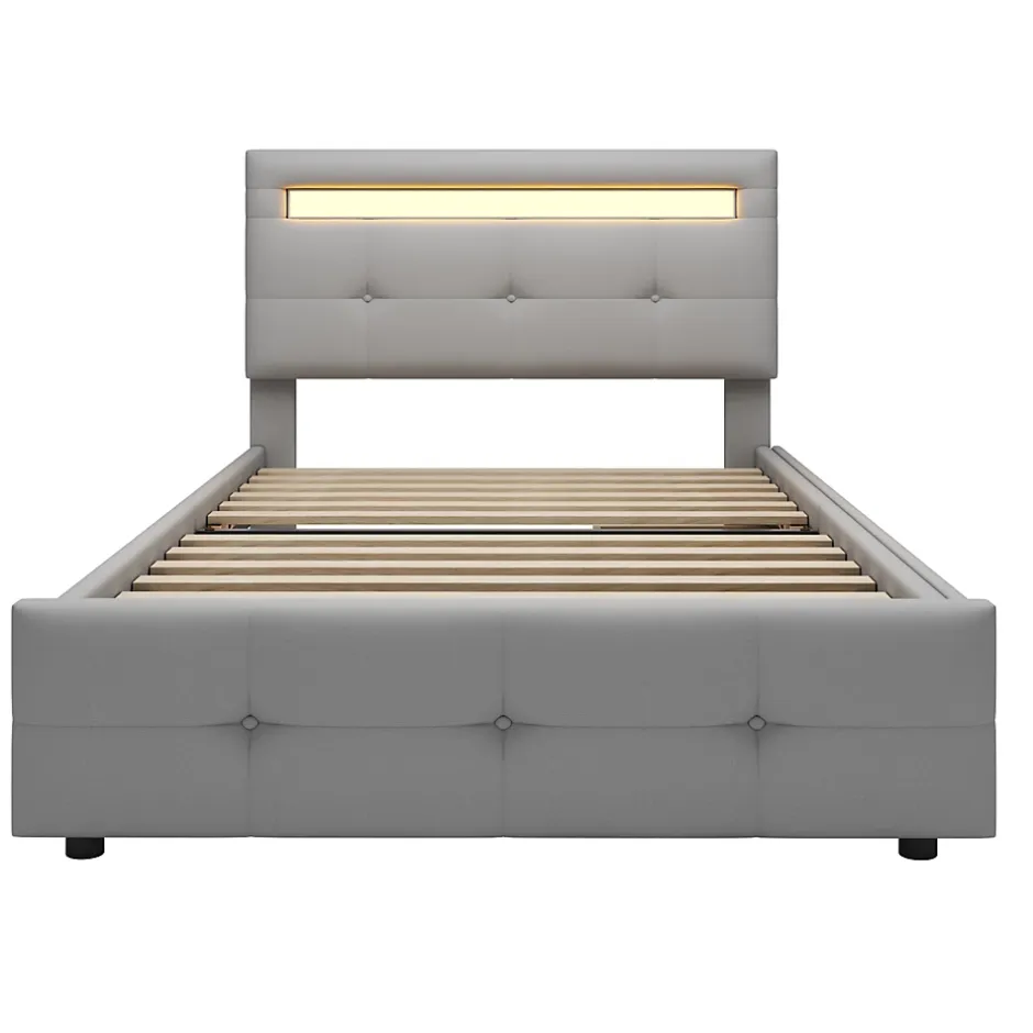 Okwish Lit Simple 90x200 cm - avec 2 Tiroirs et Éclairage LED, Lit Confortable en Lin Gris, Rangement Sous Le Lit, Sans Matelas New
