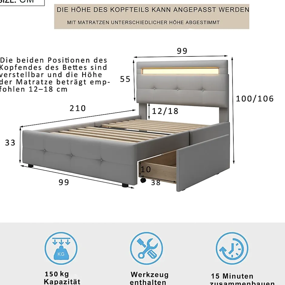 Okwish Lit Simple 90x200 cm - avec 2 Tiroirs et Éclairage LED, Lit Confortable en Lin Gris, Rangement Sous Le Lit, Sans Matelas New
