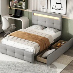 Okwish Lit Simple 90x200 cm - avec 2 Tiroirs et Éclairage LED, Lit Confortable en Lin Gris, Rangement Sous Le Lit, Sans Matelas New