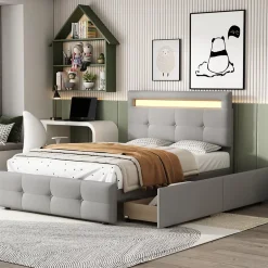 Okwish Lit Simple 90x200 cm - avec 2 Tiroirs et Éclairage LED, Lit Confortable en Lin Gris, Rangement Sous Le Lit, Sans Matelas New
