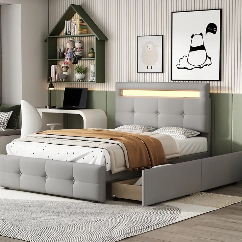 Okwish Lit Simple 90x200 cm - avec 2 Tiroirs et Éclairage LED, Lit Confortable en Lin Gris, Rangement Sous Le Lit, Sans Matelas New