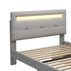 Okwish Lit Simple 90x200 cm - avec 2 Tiroirs et Éclairage LED, Lit Confortable en Lin Gris, Rangement Sous Le Lit, Sans Matelas New