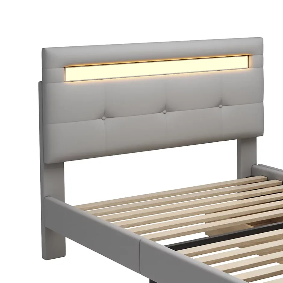 Okwish Lit Simple 90x200 cm - avec 2 Tiroirs et Éclairage LED, Lit Confortable en Lin Gris, Rangement Sous Le Lit, Sans Matelas New