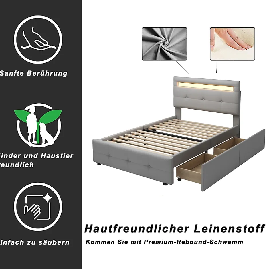 Okwish Lit Simple 90x200 cm - avec 2 Tiroirs et Éclairage LED, Lit Confortable en Lin Gris, Rangement Sous Le Lit, Sans Matelas New