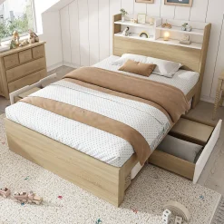 Okwish Lit Simple 90x200 cm - avec 2 Tiroirs et Étagères, Tête de Lit avec Rangement, Bois - Sans Matelas - Blanc et Chêne Clair
