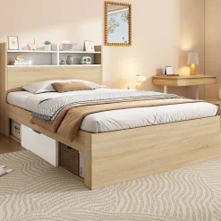 Okwish Lit Simple 90x200 cm - avec 2 Tiroirs et Étagères, Tête de Lit avec Rangement, Bois - Sans Matelas - Blanc et Chêne Clair