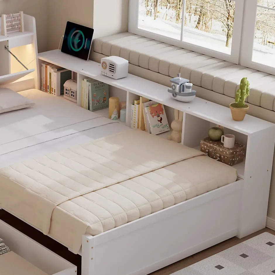 Okwish Lit Simple 90x200 cm - avec Rangement, Tiroirs sous le Lit, Chargeur et Lumière Intégrée, en MDF Blanc, Sans Matelas Sale