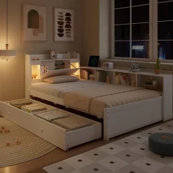 Okwish Lit Simple 90x200 cm - avec Rangement, Tiroirs sous le Lit, Chargeur et Lumière Intégrée, en MDF Blanc, Sans Matelas Sale