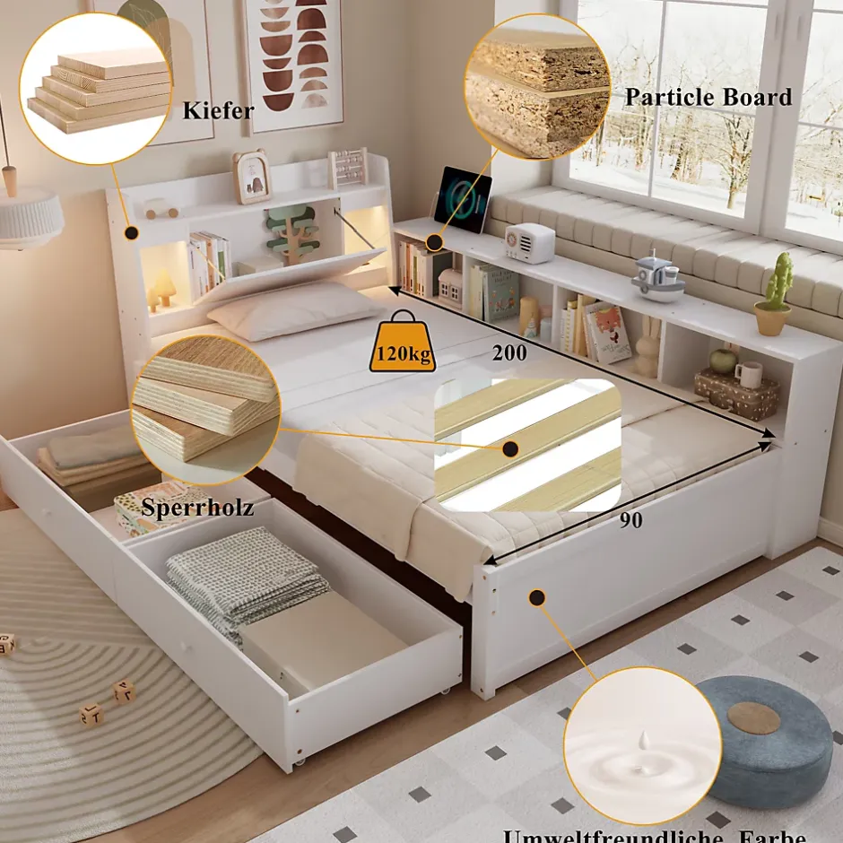 Okwish Lit Simple 90x200 cm - avec Rangement, Tiroirs sous le Lit, Chargeur et Lumière Intégrée, en MDF Blanc, Sans Matelas Sale