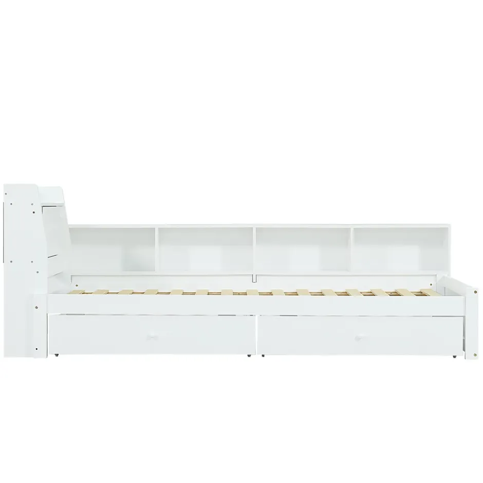 Okwish Lit Simple 90x200 cm - avec Rangement, Tiroirs sous le Lit, Chargeur et Lumière Intégrée, en MDF Blanc, Sans Matelas Sale