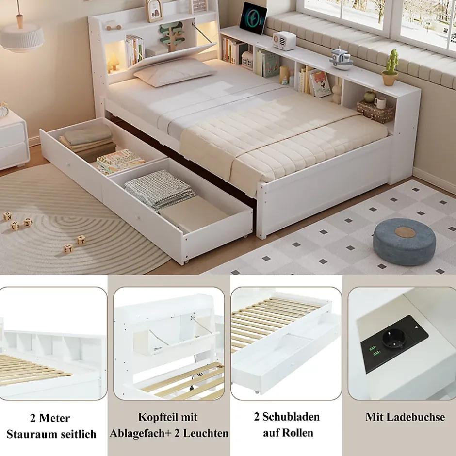 Okwish Lit Simple 90x200 cm - avec Rangement, Tiroirs sous le Lit, Chargeur et Lumière Intégrée, en MDF Blanc, Sans Matelas Sale