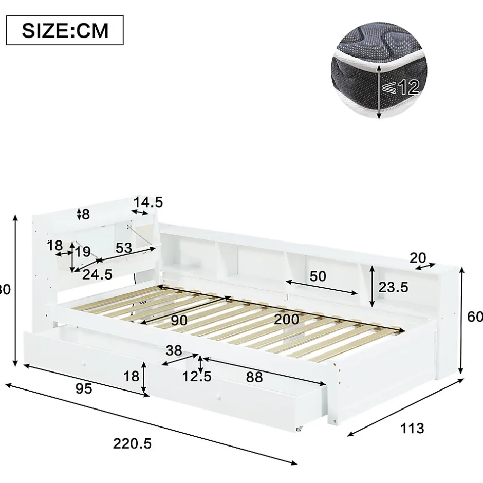 Okwish Lit Simple 90x200 cm - avec Rangement, Tiroirs sous le Lit, Chargeur et Lumière Intégrée, en MDF Blanc, Sans Matelas Sale