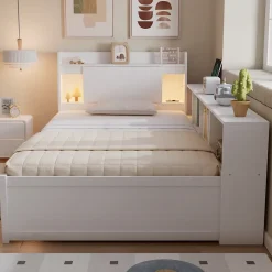 Okwish Lit Simple 90x200 cm - avec Rangement, Tiroirs sous le Lit, Chargeur et Lumière Intégrée, en MDF Blanc, Sans Matelas Sale