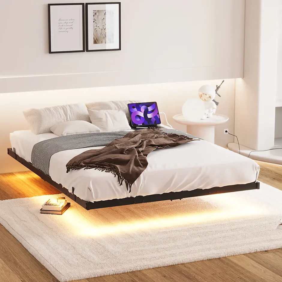 Okwish Lit Simple 120x200 cm - Lit Ado Metal avec Éclairage LED et Ports USB, Contrôle Télécommande App, Noir, sans Matelas Sale