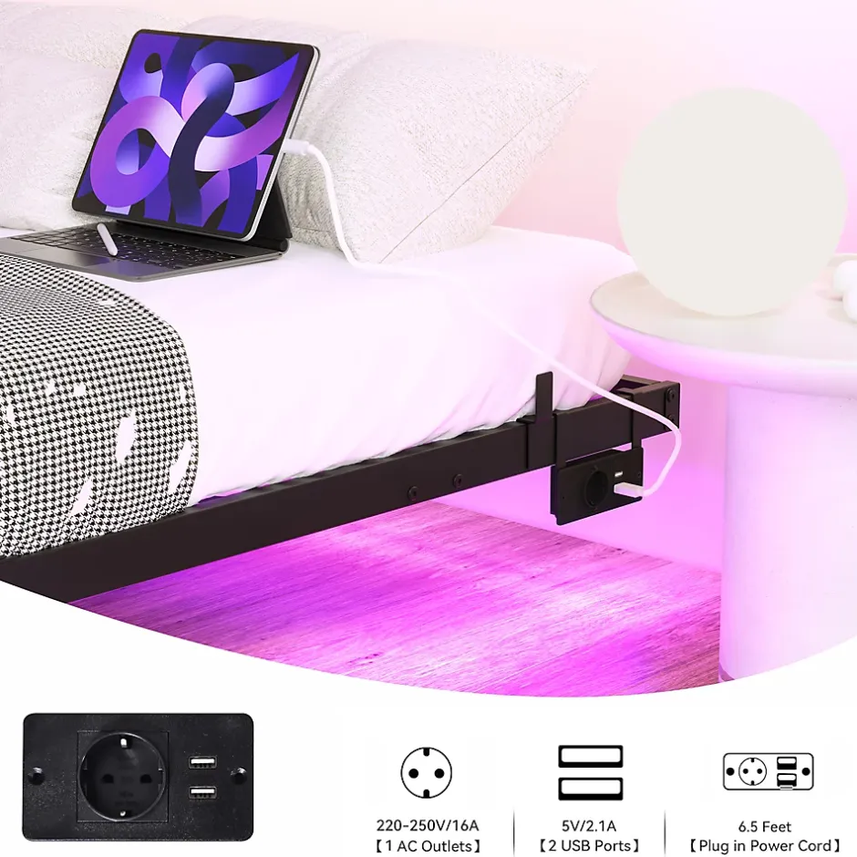 Okwish Lit Simple 120x200 cm - Lit Ado Metal avec Éclairage LED et Ports USB, Contrôle Télécommande App, Noir, sans Matelas Sale