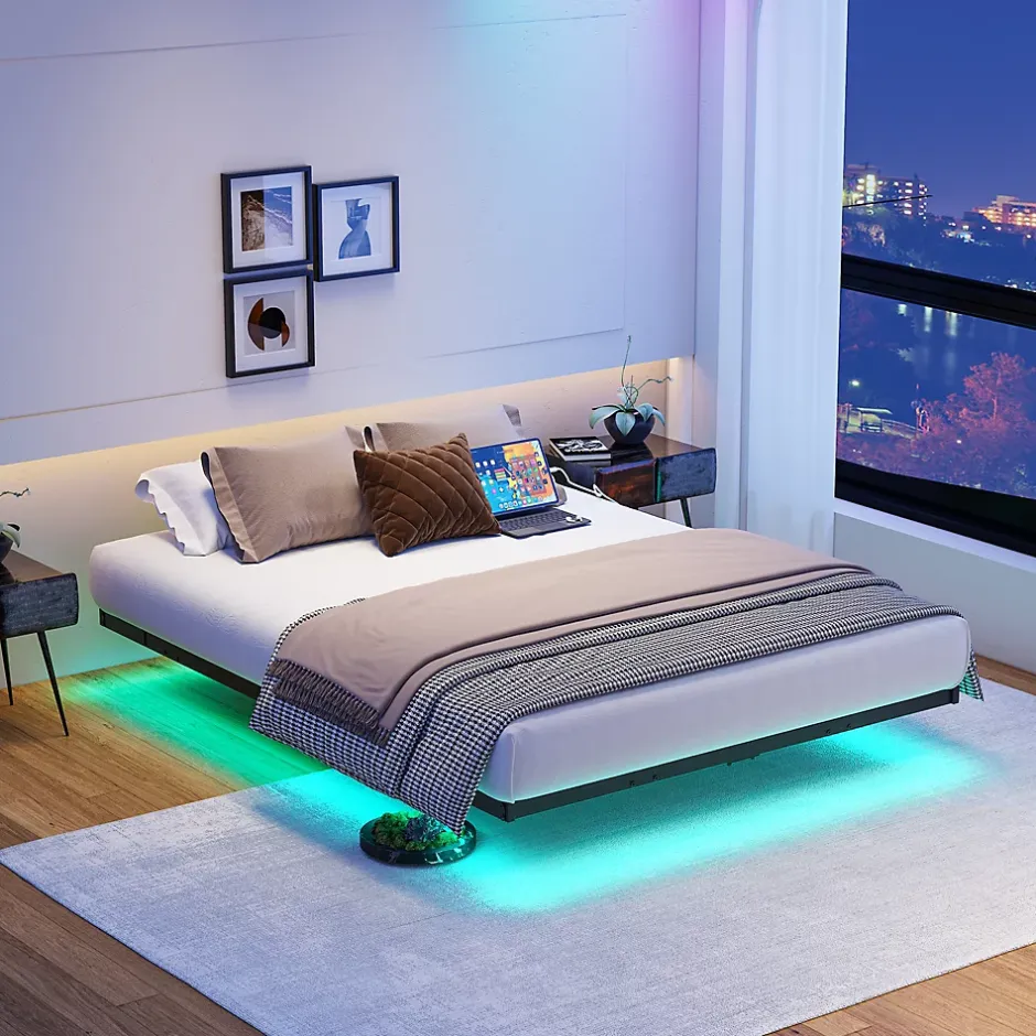 Okwish Lit Simple 120x200 cm - Lit Ado Metal avec Éclairage LED et Ports USB, Contrôle Télécommande App, Noir, sans Matelas Sale