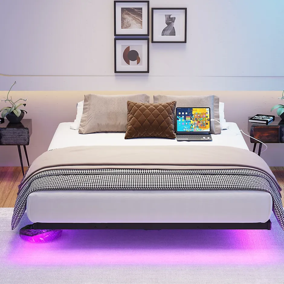 Okwish Lit Simple 120x200 cm - Lit Ado Metal avec Éclairage LED et Ports USB, Contrôle Télécommande App, Noir, sans Matelas Sale