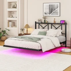 Okwish Lit Simple 120x200 cm - Lit Ado Moderne, avec Éclairage LED et Prises USB, Rangements - Noir, sans Matelas