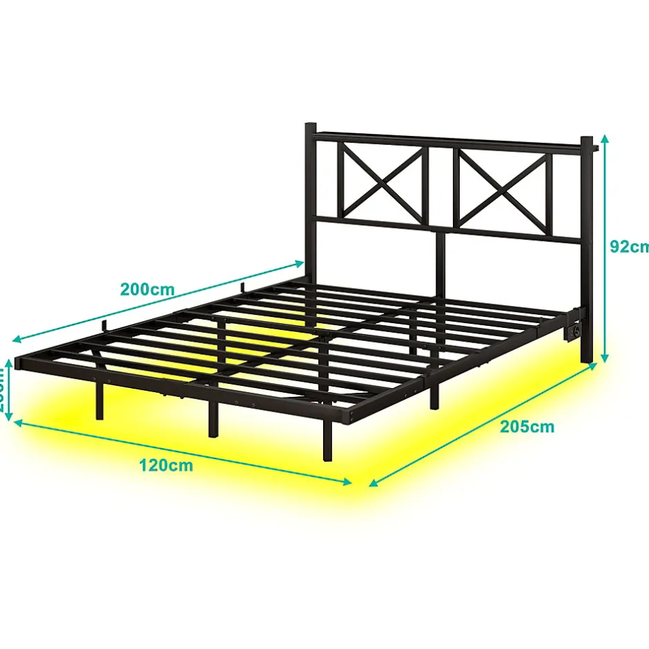 Okwish Lit Simple 120x200 cm - Lit Ado Moderne, avec Éclairage LED et Prises USB, Rangements - Noir, sans Matelas