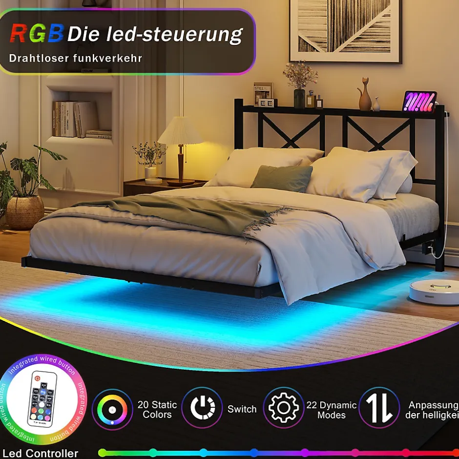 Okwish Lit Simple 120x200 cm - Lit Ado Moderne, avec Éclairage LED et Prises USB, Rangements - Noir, sans Matelas