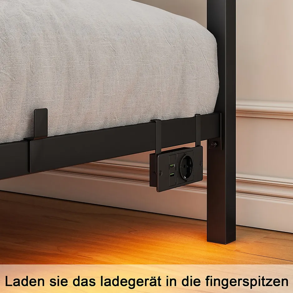 Okwish Lit Simple 120x200 cm - Lit Ado Moderne, avec Éclairage LED et Prises USB, Rangements - Noir, sans Matelas