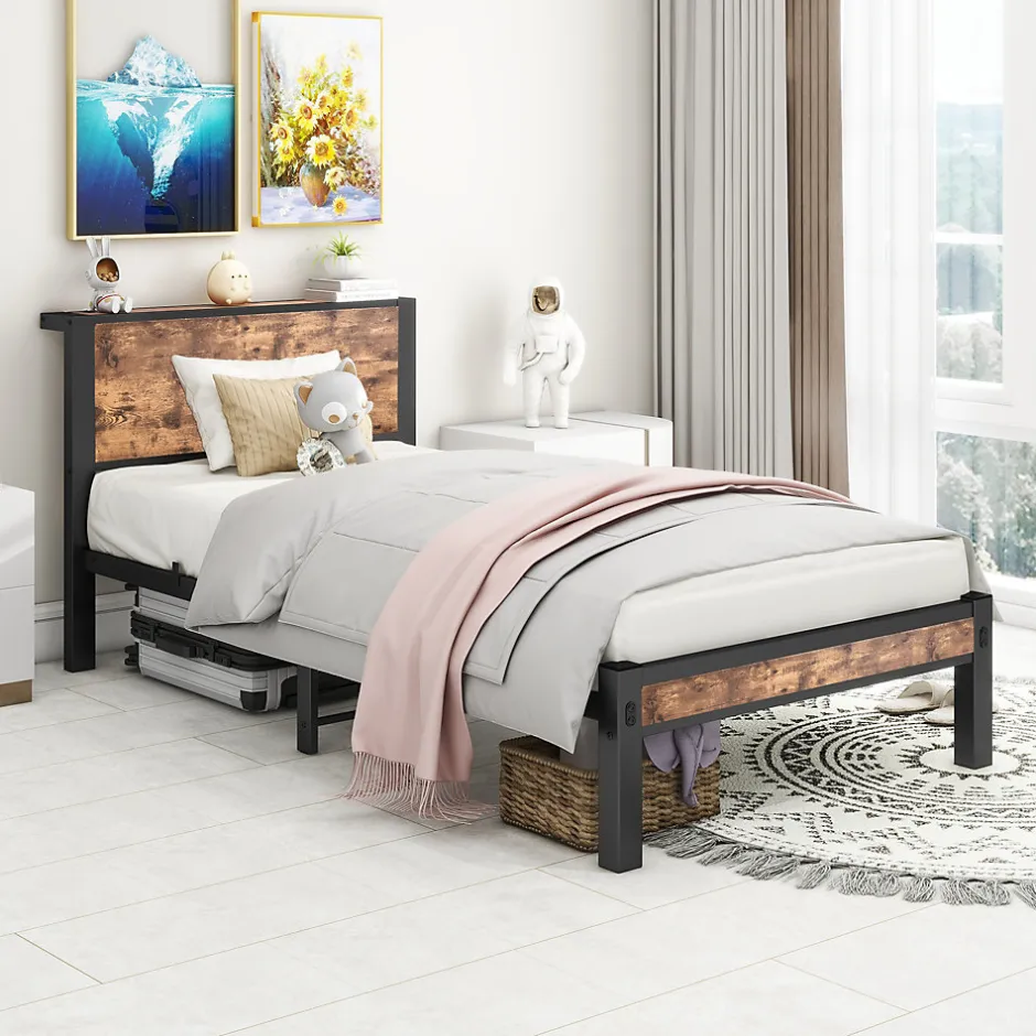 Okwish Lit Simple 90x200 cm - Lit Ado Métal avec Tête de Lit Rangement, MDF, Marron - Silencieux et Robuste - Sans Matelas