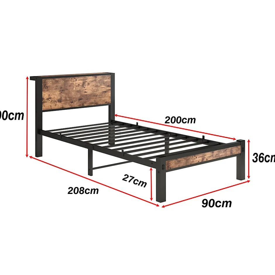 Okwish Lit Simple 90x200 cm - Lit Ado Métal avec Tête de Lit Rangement, MDF, Marron - Silencieux et Robuste - Sans Matelas