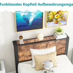 Okwish Lit Simple 90x200 cm - Lit Ado Métal avec Tête de Lit Rangement, MDF, Marron - Silencieux et Robuste - Sans Matelas