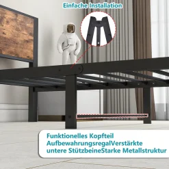 Okwish Lit Simple 90x200 cm - Lit Ado Métal avec Tête de Lit Rangement, MDF, Marron - Silencieux et Robuste - Sans Matelas