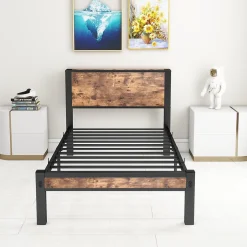 Okwish Lit Simple 90x200 cm - Lit Ado Métal avec Tête de Lit Rangement, MDF, Marron - Silencieux et Robuste - Sans Matelas