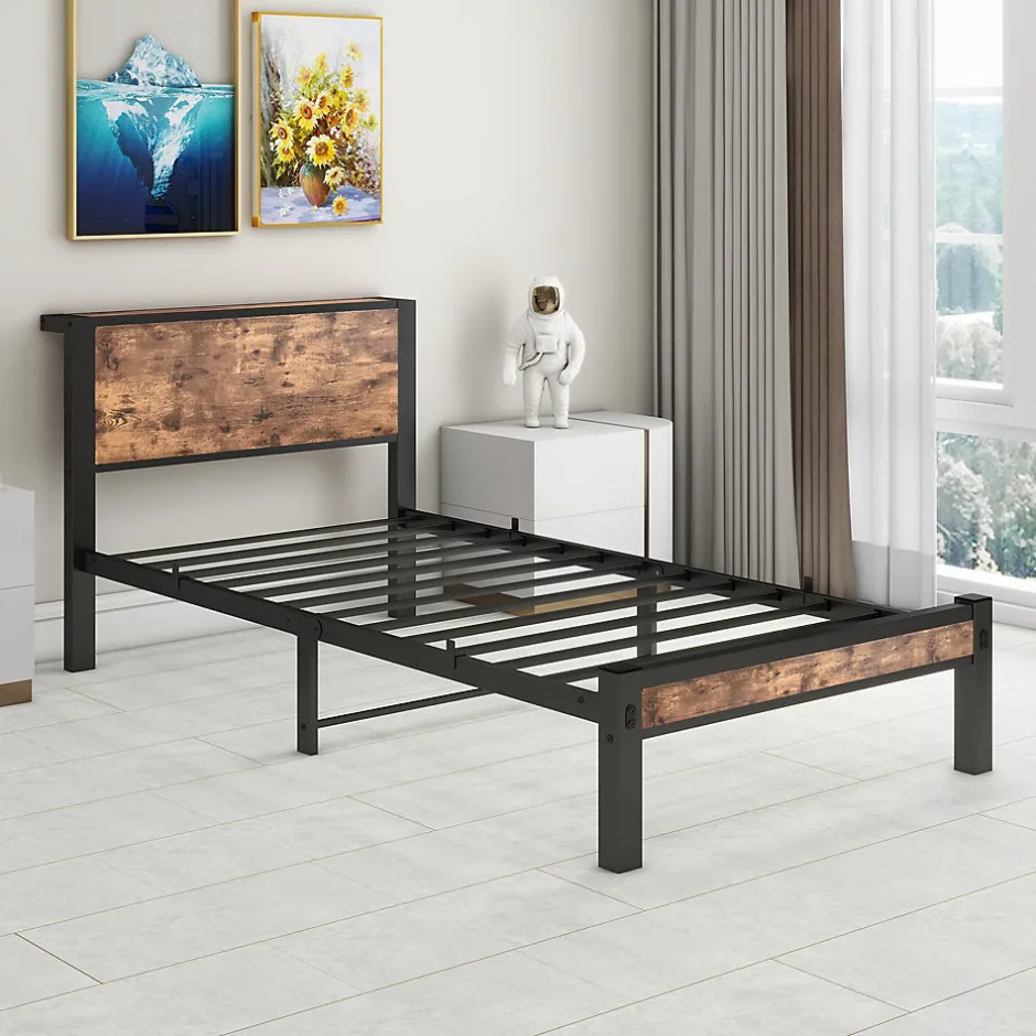 Okwish Lit Simple 90x200 cm - Lit Ado Métal avec Tête de Lit Rangement, MDF, Marron - Silencieux et Robuste - Sans Matelas
