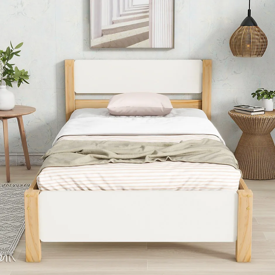 Okwish Lit Simple 90x200 cm - Lit Ado ou Adulte Sans Matelas - Bois de Pin Massif - Blanc et Naturel