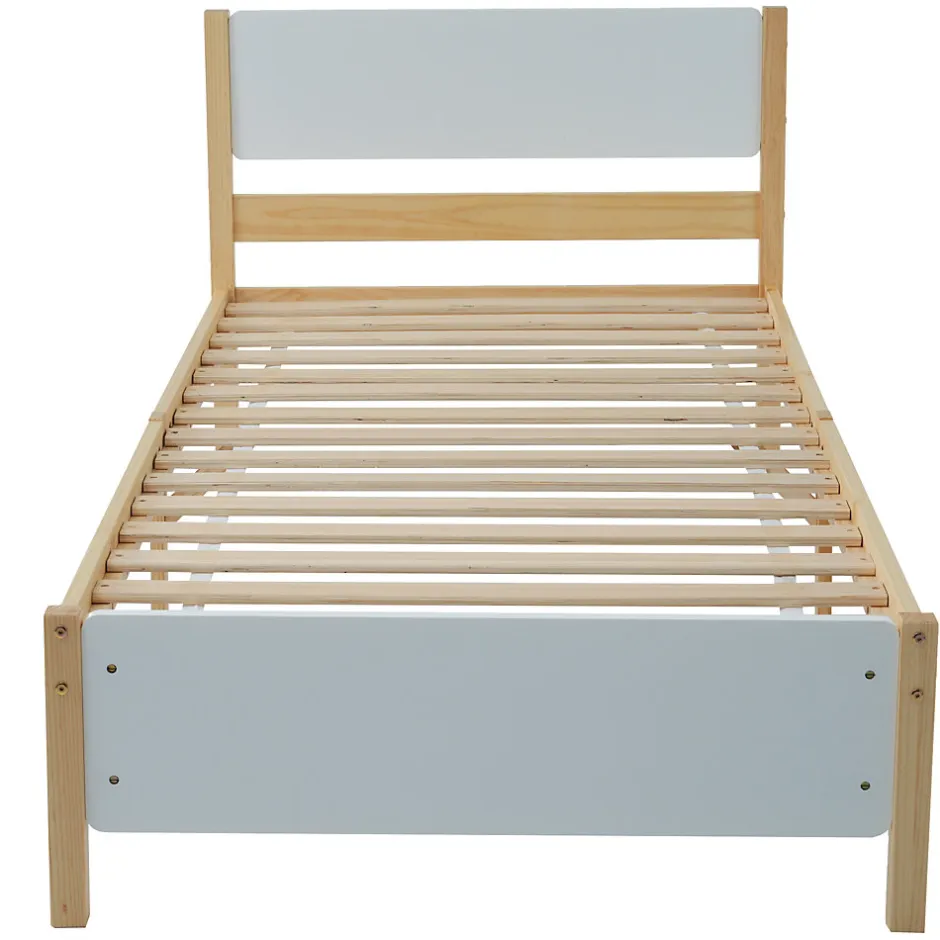 Okwish Lit Simple 90x200 cm - Lit Ado ou Adulte Sans Matelas - Bois de Pin Massif - Blanc et Naturel