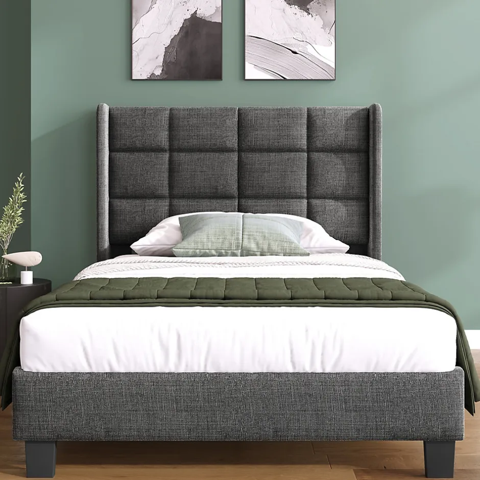 Okwish Lit simple 90x200 cm - Lit adulte capitonné avec sommier à lattes - Lin - Sans Matelas - Gris