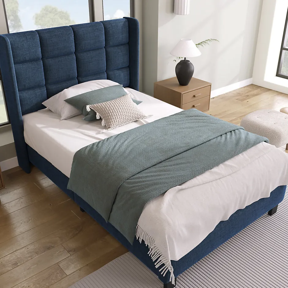 Okwish Lit simple 90x200 cm - Lit adulte capitonné avec sommier à lattes - Lin - Sans Matelas - Bleu