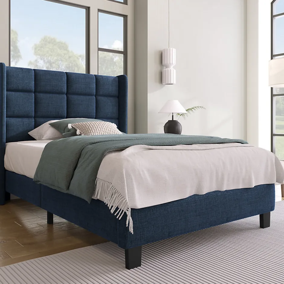 Okwish Lit simple 90x200 cm - Lit adulte capitonné avec sommier à lattes - Lin - Sans Matelas - Bleu